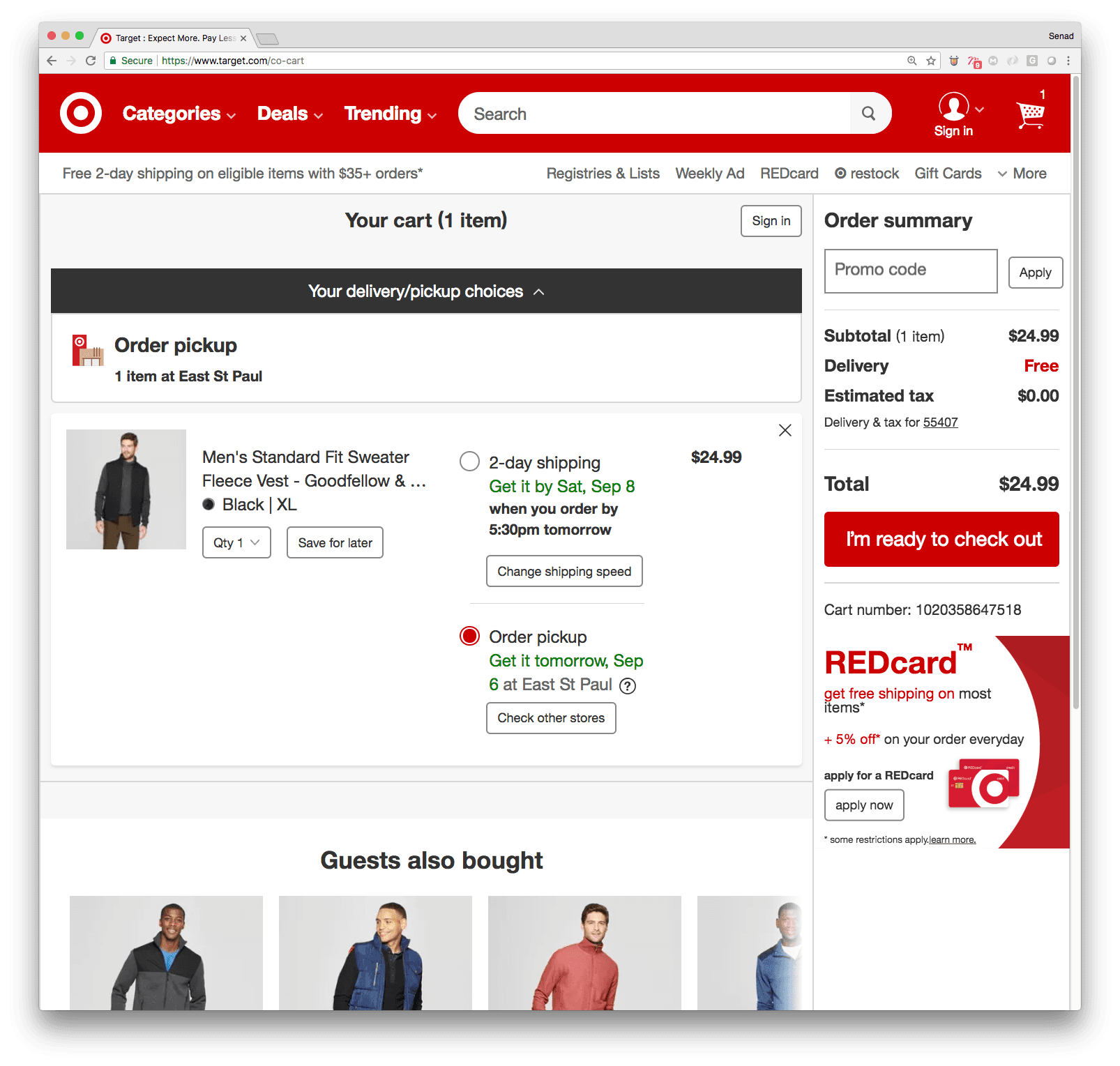 Cart page with one item, delivery and pickup options, and an order summary.