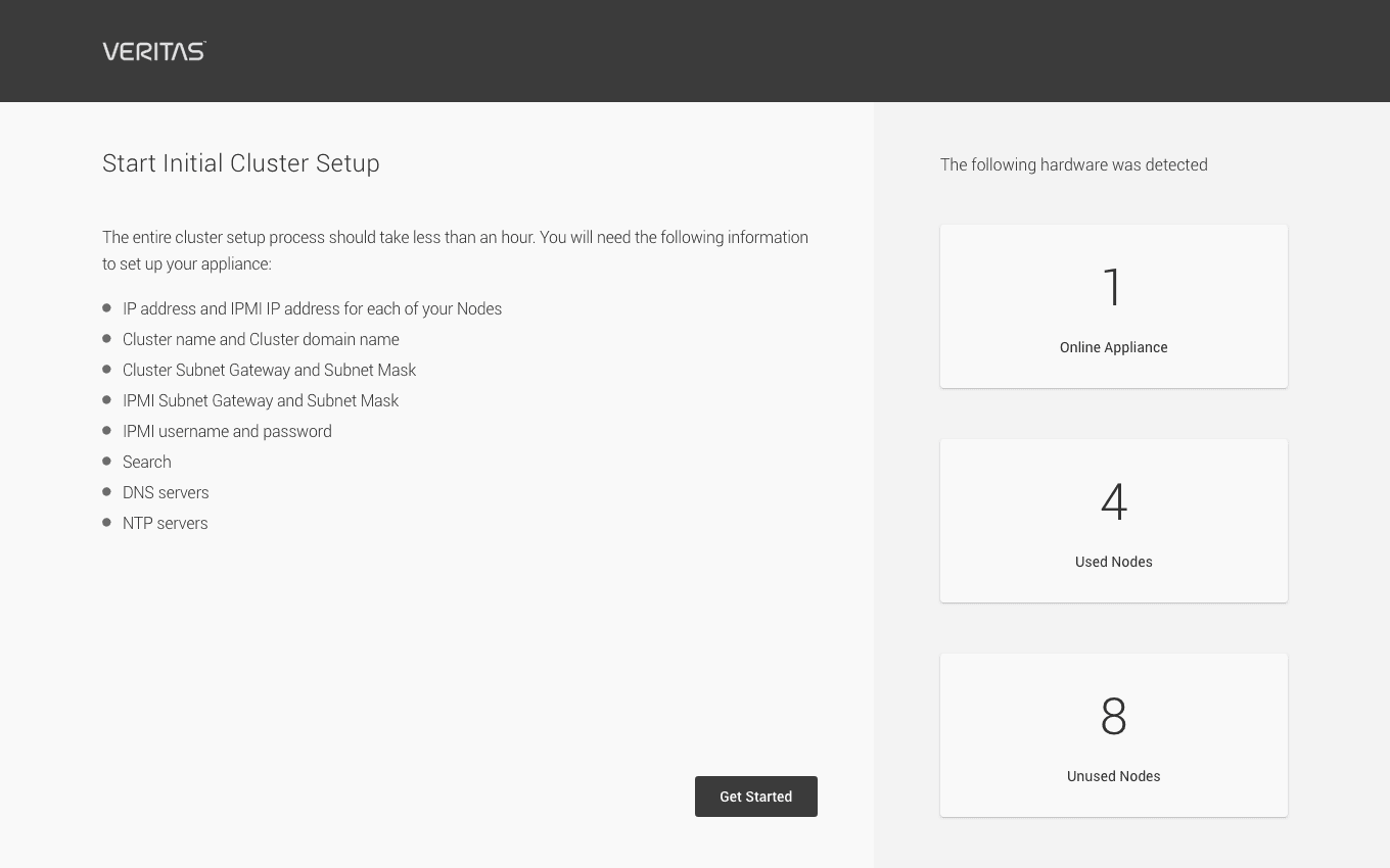 Cluster setup introduction listing required information and detected hardware.