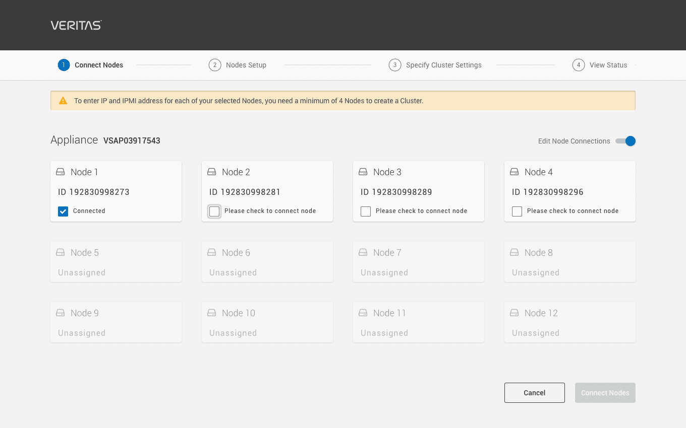 Setup step one, selecting nodes to connect to the appliance.