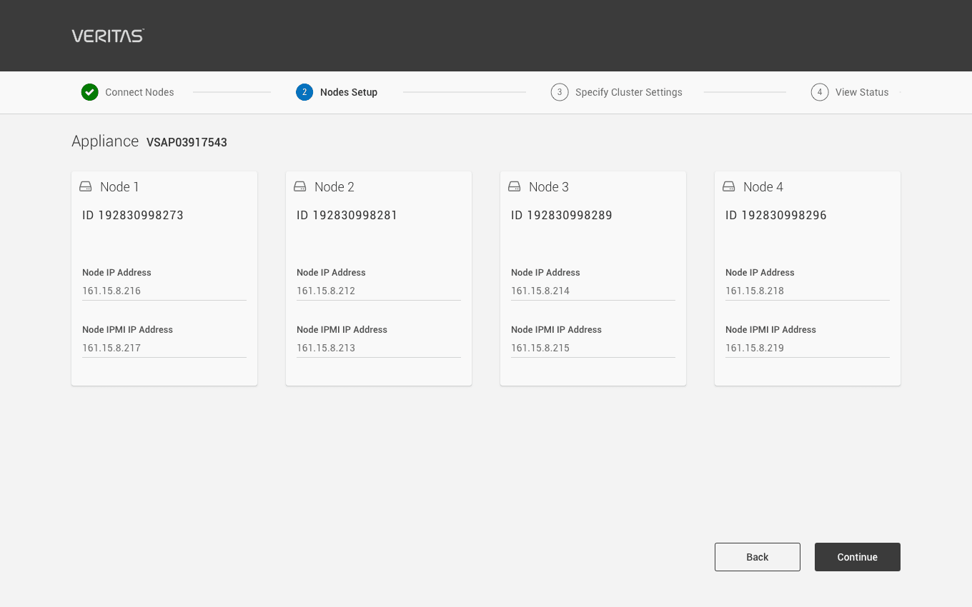 Setup step two, entering IP addresses for each node.